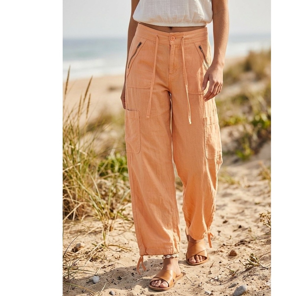 American Eagle Dreamy Drape Baggy Wide Leg Cargo Pants Women 00 Orange Linen